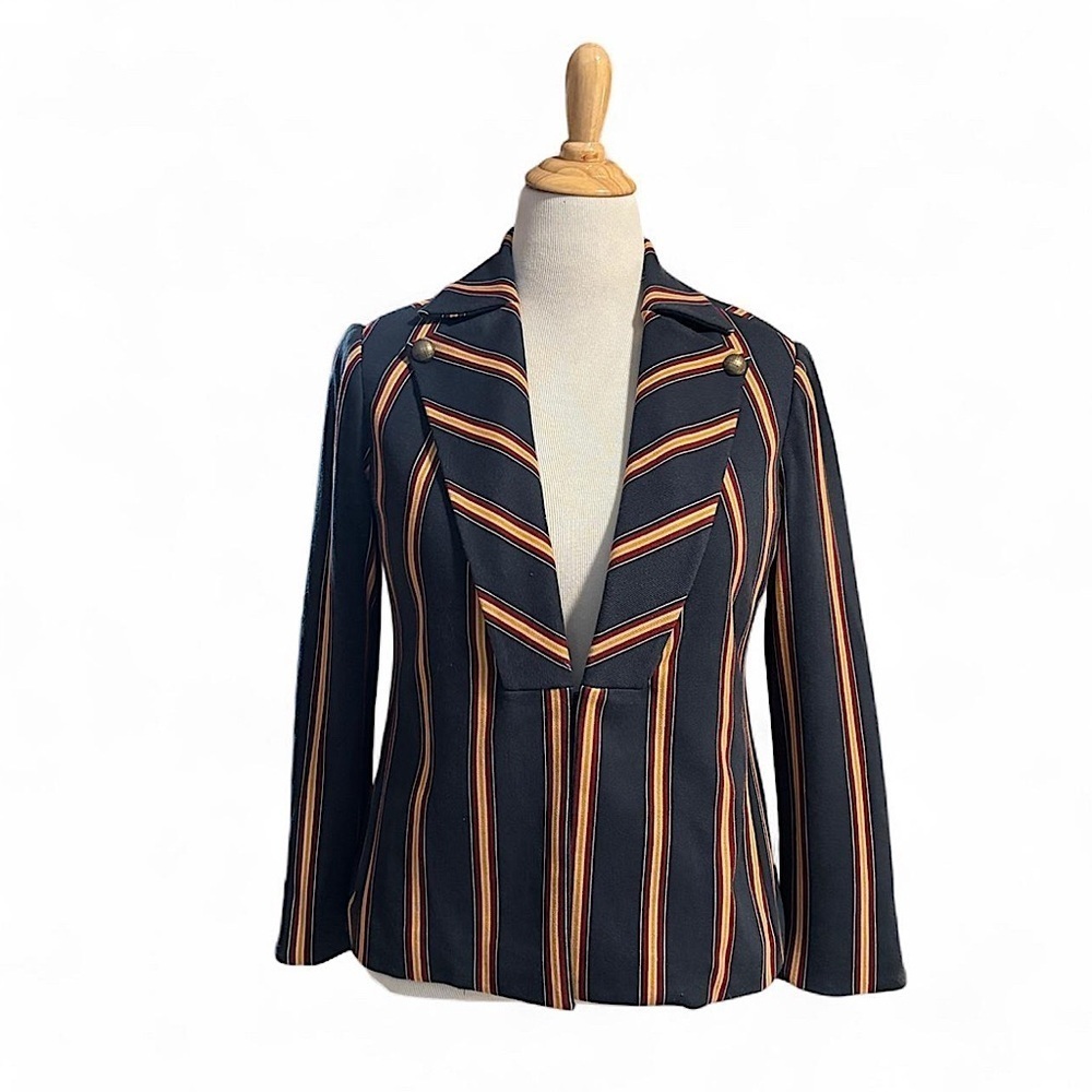Chico's Stretch Striped Blazer Sz 1 Petite / 8P Hidden Clasp Lined Navy
